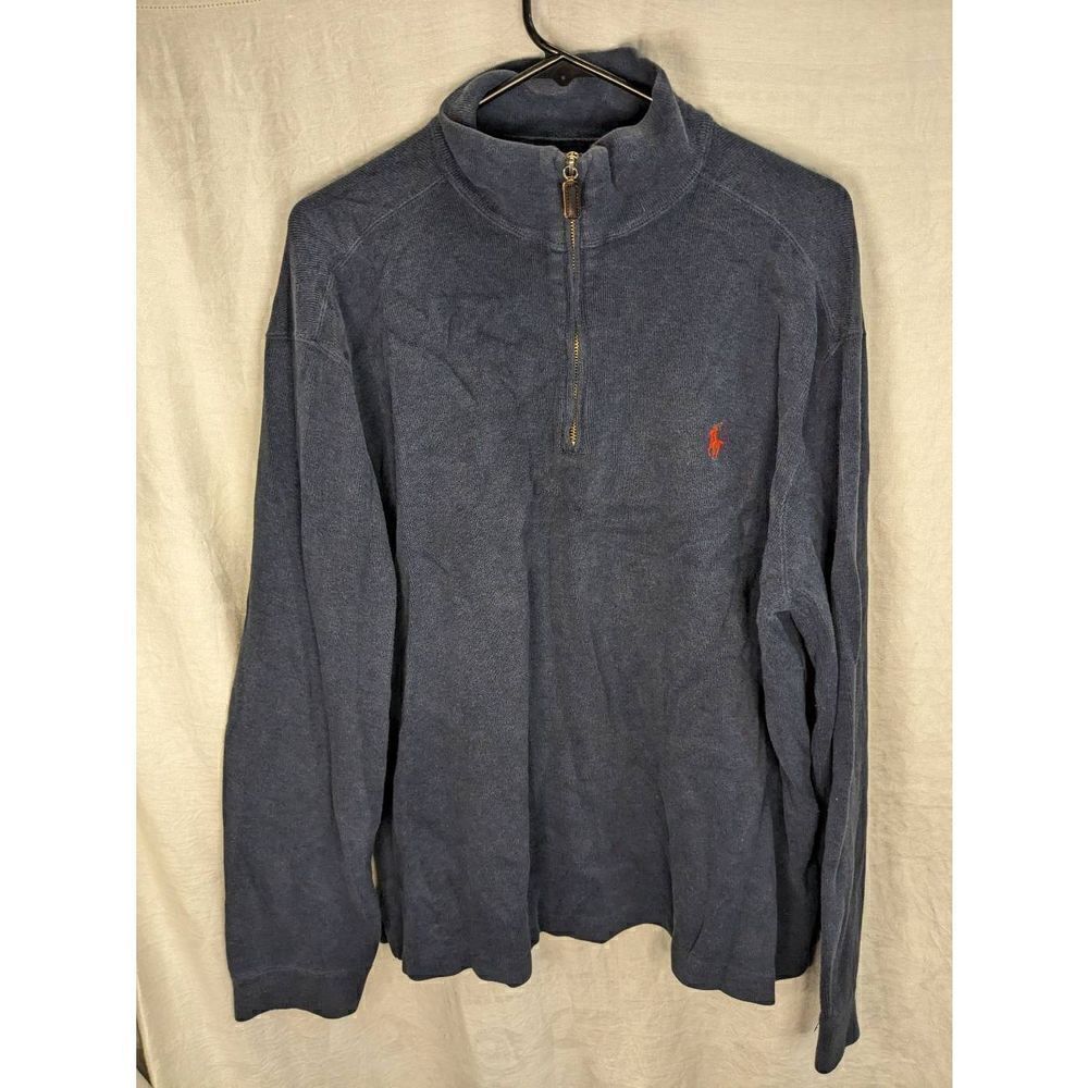 Polo by Ralph Lauren Quarter Zip 100% Cotton Pullover Sweater Navy L Large Mens - Picture 2 of 7
